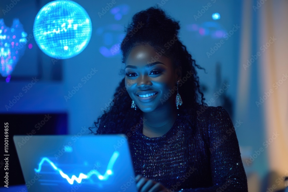 Poster smiling woman working on laptop with glowing data visualizations.