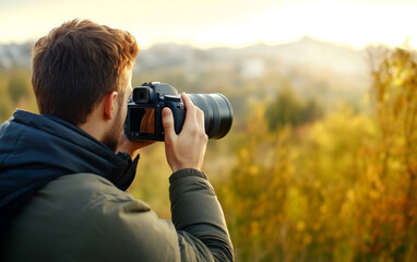 A person capturing nature with a camera, surrounded by vibrant autumn foliage and soft sunlight in a scenic outdoor setting.