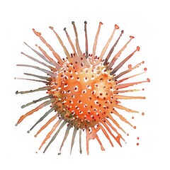 A creative illustration of a virus with long spikes, showcasing a vibrant orange color and artistic details in a watercolor style.
