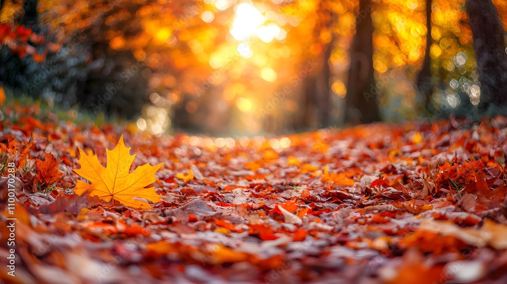 Poster vibrant autumn scene with colorful maple leaves on pathway creating a picturesque fall landscape fil