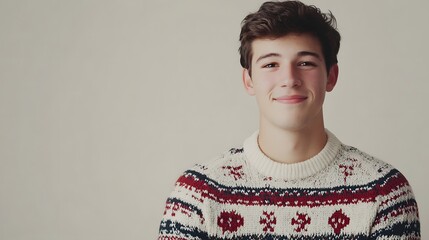 Fototapeta premium Smiling Teen in Festive Knit Sweater. Holiday Cheer and Cozy Vibes. Perfect for Winter!