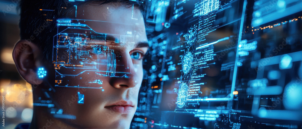 Poster focused man interacts with futuristic technology, surrounded by digital interfaces and data visualiz