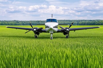 A light aircraft parked in a grassy field, with hobbyist pilots preparing for a leisurely flight