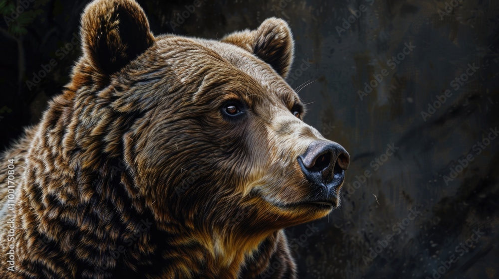 Poster close-up shot of a brown bear's face with distinctive features