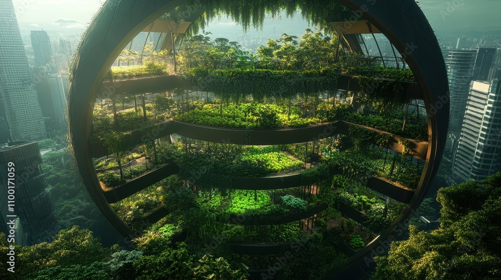 Poster a futuristic urban structure features multiple levels of lush greenery, integrating nature into city