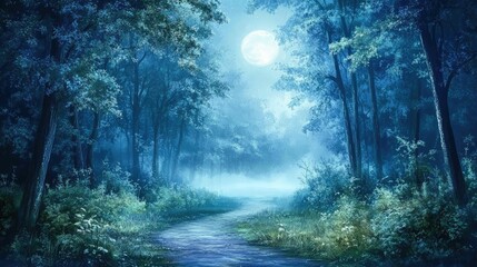 Obraz premium Tranquil forest clearing with moonlight casting a soft, silvery glow, illuminating mist rising from the ground