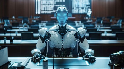 Futuristic humanoid robot with advanced intelligence technology standing in a sophisticated high tech digital environment with computers and electronic devices  Concept of modern automation