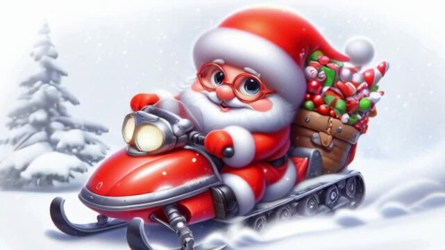 Cute animation of santa claus in snowy landscape on a snowmobile. Christmas Celebration Time