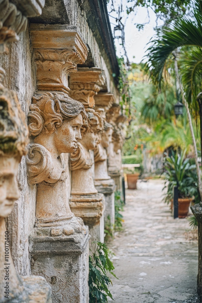 Poster a row of ancient stone statues adorns the surface of a weathered stone wall