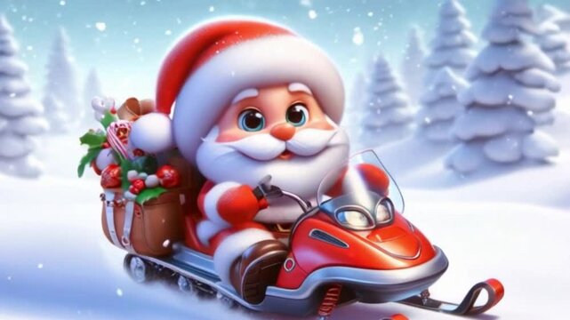 Cute animation of santa claus in snowy landscape on a snowmobile. Christmas Celebration Time