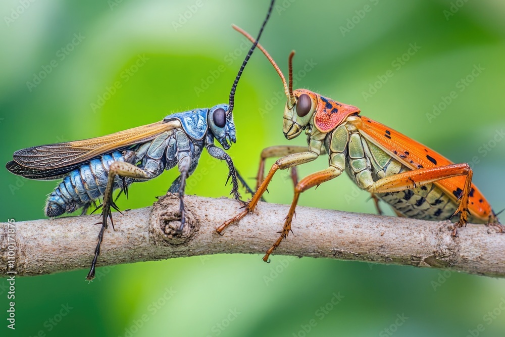 Poster a pair of insects enjoying the view from a tree branch, perfect for illustrating scenes about nature