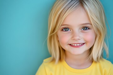 Fototapeta premium A young girl with blue eyes and blonde hair smiles gently, her innocence framed by a soft blue background and turquoise background.