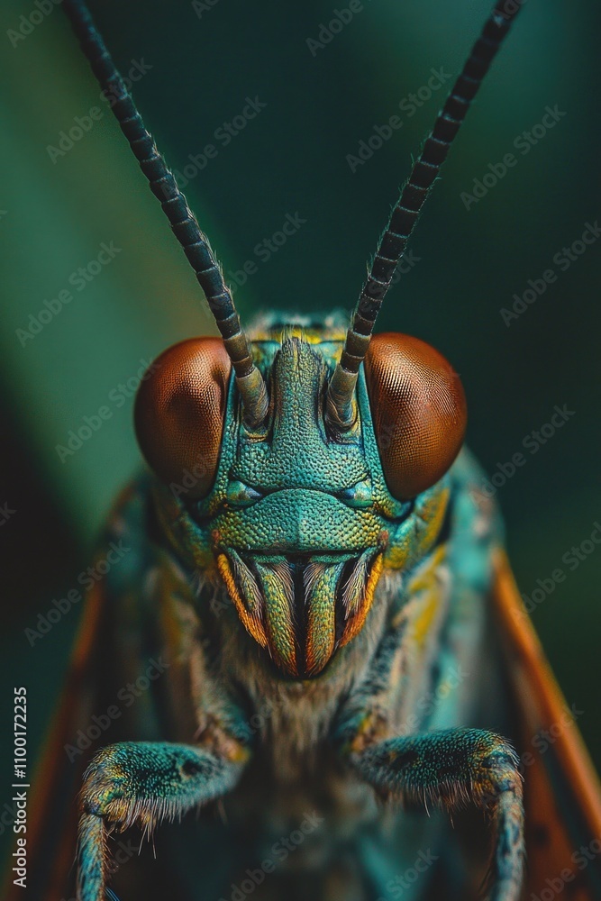 Poster a close-up view of a bug's head and eyes, ideal for macro photography or illustrations