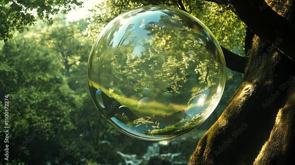Poster a captivating image showing a delicate ecosystem within a transparent sphere, set against a lush for