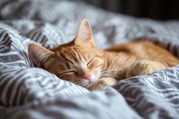 A feline friend resting on a cozy bed, covered in a warm blanket