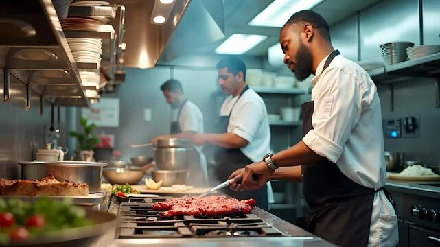 Chefs Working in a Busy Restaurant Kitchen Preparing Food