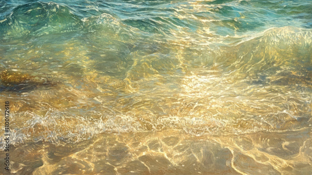 Poster warm, dappled light shining down into crystal clear water, with small waves creating moving patterns