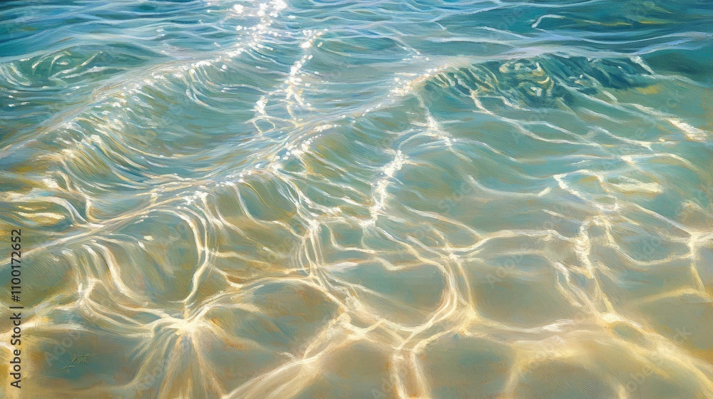 Poster warm, dappled light shining down into crystal clear water, with small waves creating moving patterns