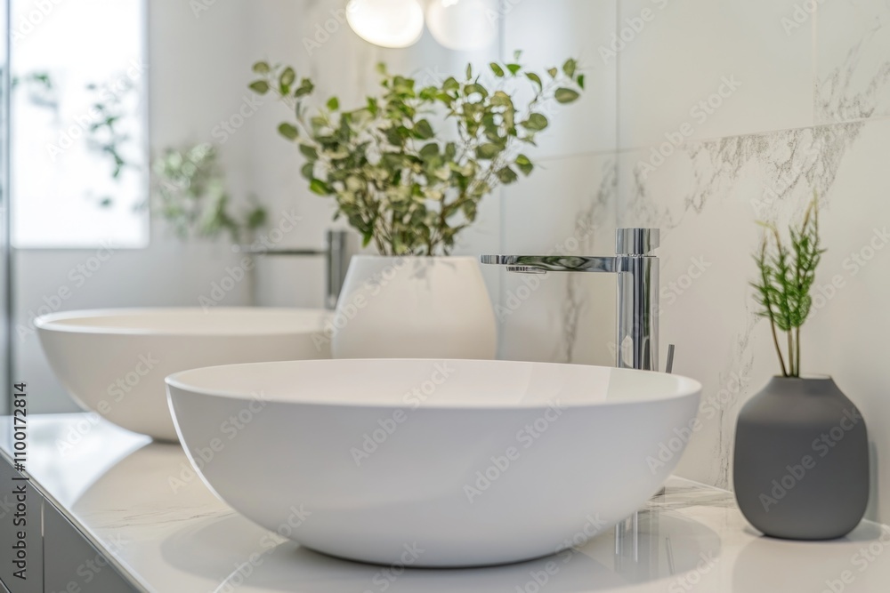 Poster a modern bathroom with two sinks and a vase on the counter, suitable for use in interior design or r