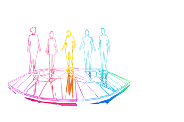 Neon silhouette of diverse people on futuristic business graph representing teamwork isolated on black background.