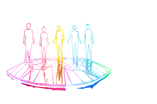 Neon silhouette of diverse people on futuristic business graph representing teamwork isolated on black background.