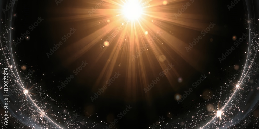 Poster golden rays of light burst from a central point, creating a radiant and celestial scene.