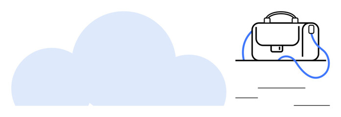 Cloud icon paired with a business briefcase on a table. Ideal for tech, business, remote work, data storage, cloud services, digital transformation, and mobile workspaces. Line metaphor