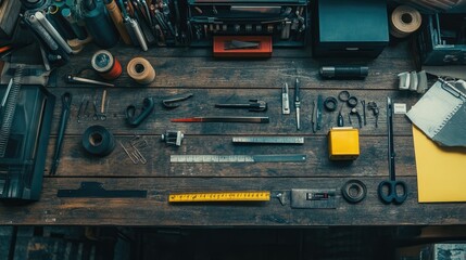 Fototapeta premium Arrange of Crafting Tools on a Rustic Wooden Workshop Table