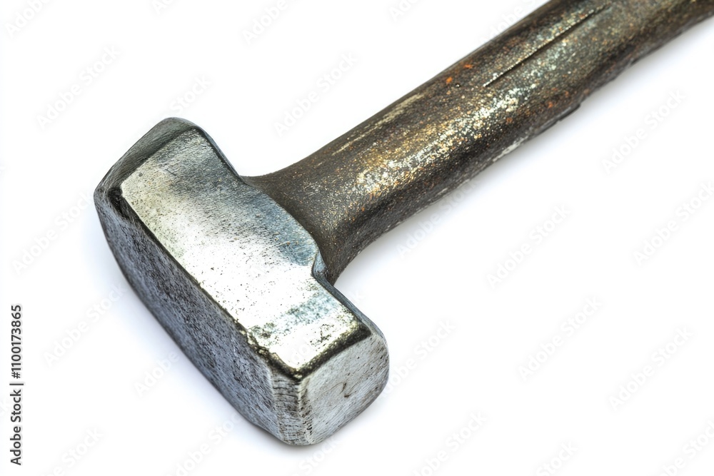 Poster close-up shot of a hammer with a metal handle placed on a clean white surface, ideal for use in desi