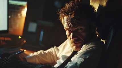 Obraz premium Intense office scene late night thrilling drama urban workspace close-up view intriguing suspense