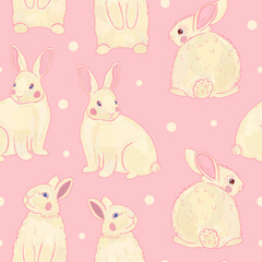 Easter seamless seasonal spring pattern. White cute rabbits, hares on a pink background