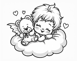 Fototapeta premium Baby Angel with Teddy Bear on Cloud Coloring Page