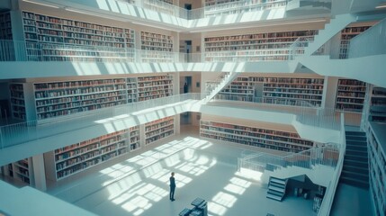 A large library with many bookshelves and a person standing in the middle of the room. Scene is peaceful and quiet, as the person appears to be alone in the vast space