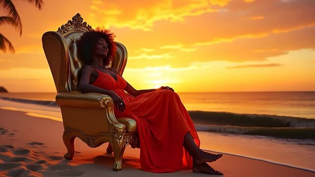 Black Woman in Red Dress Sitting on a Gold Throne on a Beach at Sunset