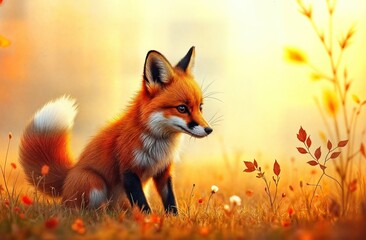 Fototapeta premium Red Fox Portrait in Golden Autumn Meadow