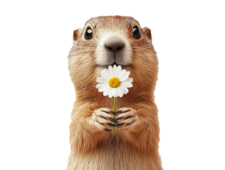A groundhog joyfully presenting a daisy flower