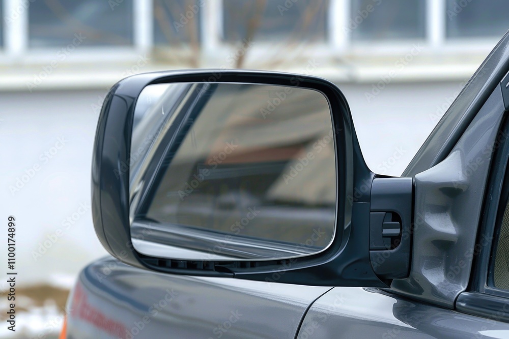 Poster a close-up shot of a car's side view mirror, providing a clear view of the road behind
