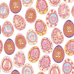 Easter seamless seasonal spring pattern. White painted eggs with pink blue ornament on a white background