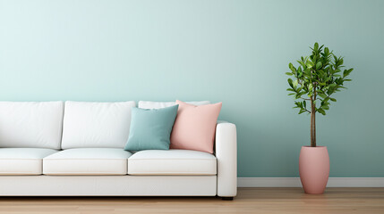 Fototapeta premium Modern living room with white sofa, pastel cushions, and potted plant against a light blue wall.
