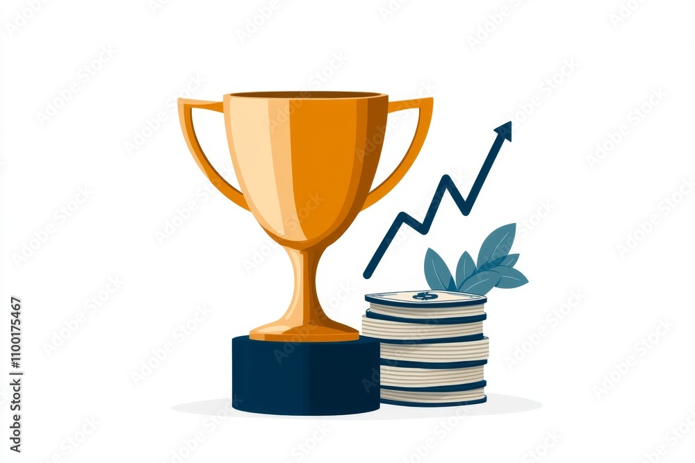 Poster a minimalist 2d design of a trophy next to stacks of money and a rising graph, all on a clean white 