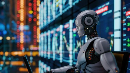 Fototapeta premium Humanoid robot in futuristic clothing, working on a powerful computer with graphs and stock market charts displayed on the screen.