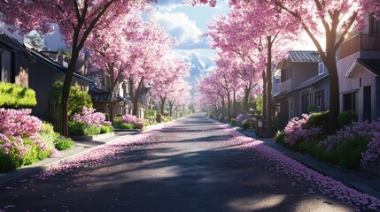 Serene Spring Street Lined with Cherry Blossom Trees and Flowers