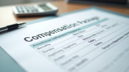 Obraz premium close-up of a compensation package document on a desk, highlighting salary, bonuses, and benefits, with a pen and calculator nearby