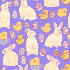 Obraz premium Easter seamless seasonal spring pattern. White rabbits, yellow chickens, painted eggs with ornaments on a violet background 