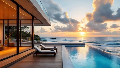 Fototapeta premium A contemporary beachfront house with large glass walls overlooking the ocean. The design incorporates open spaces, a wooden deck with lounge chairs