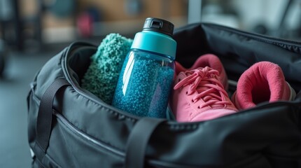 close-up of a gym bag open to reveal workout gear, including a towel, water bottle, and sneakers, with a blurred gym background