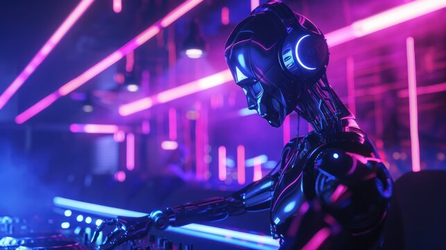 Futuristic DJ robot with headphones, mixing songs on a turntable in front of a stage lit with neon lights and bright colors.style with glowing effects.
