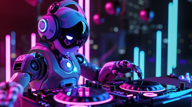 Futuristic DJ robot with headphones, mixing songs on a turntable in front of a stage lit with neon lights and bright colors.style with glowing effects.