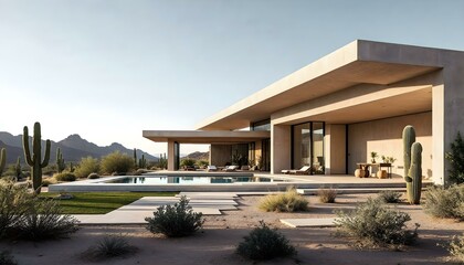 Fototapeta premium A striking modern home set in a desert landscape, featuring clean, angular lines and a mix of concrete and glass