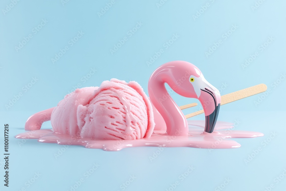 Poster a colorful and playful image featuring a pink ice cream cone with a flamingo stuck in it, perfect fo